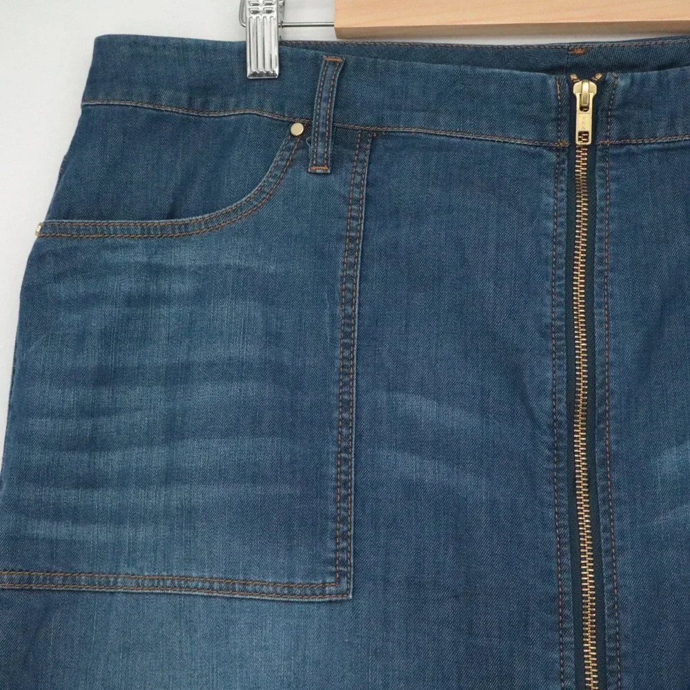 Chicos Sz 3 Denim Jean Skirt Womens 16 (XL) Front Two Way Zipper Knee Length